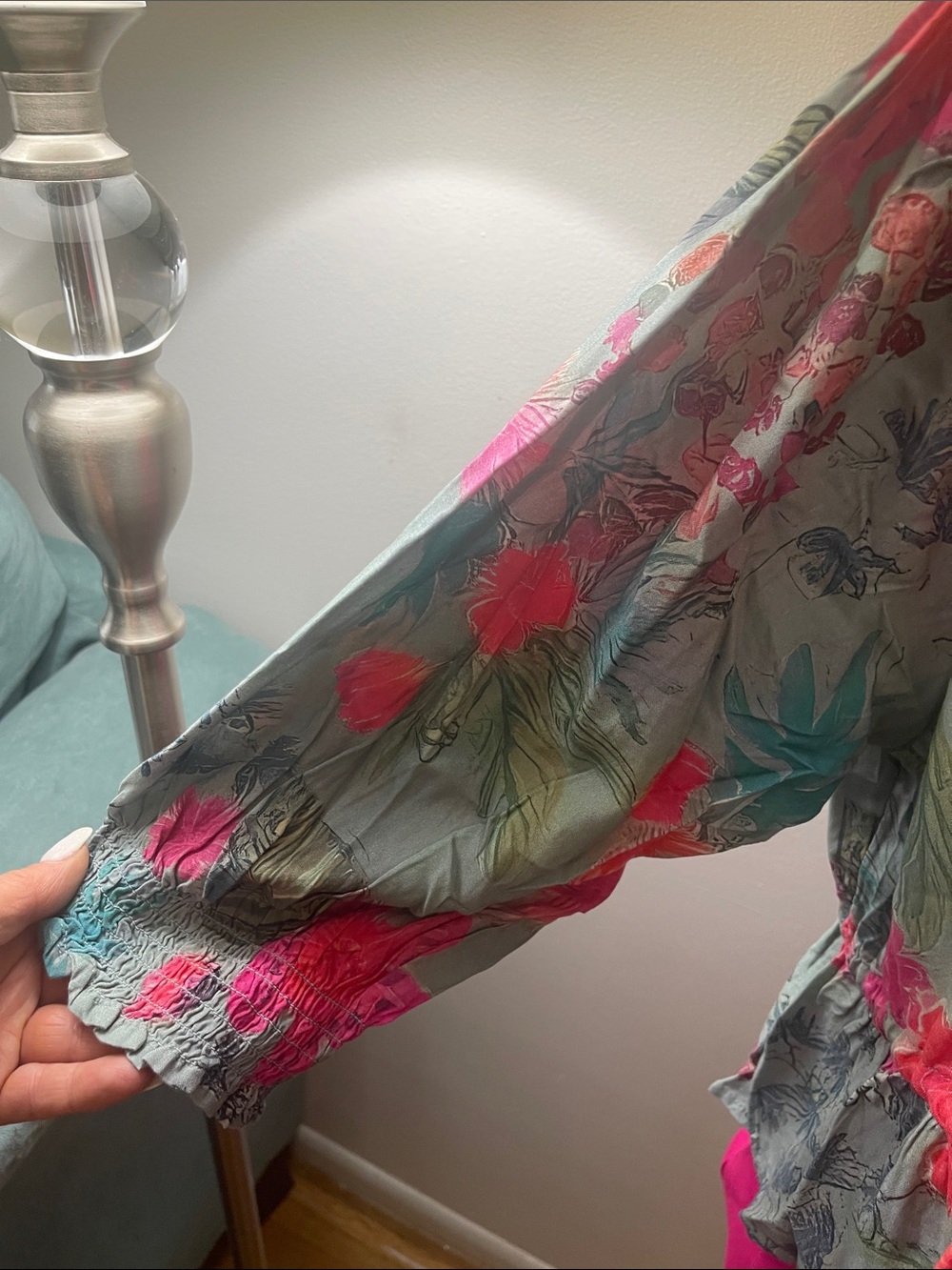 NATURAL LIFE Floral Tie-Waist Crop Ruffle Top - Pink & Moss Green - Picture 2 of 10